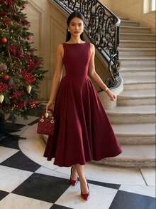 Elegant French Romantic Backless Hollow-Out Cinched Waist Sexy Charming Maxi Dress, Suitable For Christmas, Holiday Party, Date Black Summer - Màu Đỏ Sâu - Xem 3