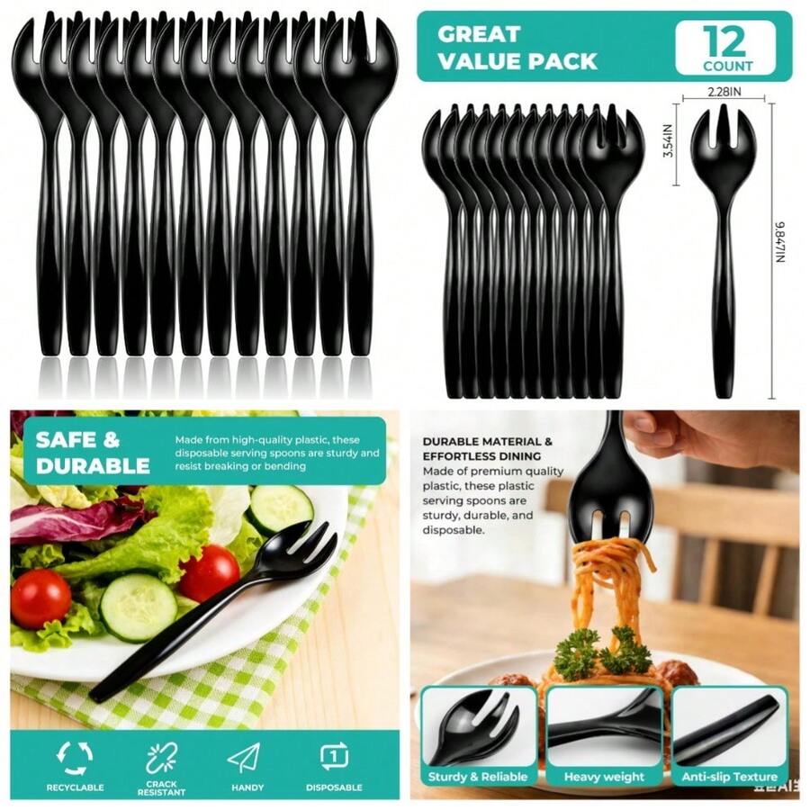 12 Pack Black Plastic Forks Heavy Duty Disposable Serving Utensils For Catering Wedding Party Buffet Events - 1 - View 1