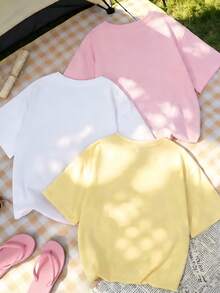 Bộ 3 áo thun nữ mùa hè cổ tròn tay ngắn, họa tiết sọc dọc và chữ in. - Hồng - Xem 2