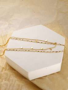 Tkool 1pc Women's Stainless Steel Gold-Tone Double-Layer Multi-Rhombus Tassel Shiny Floral Pendant Necklace (Pendant Quantity Random) - Yellow Gold - View 6