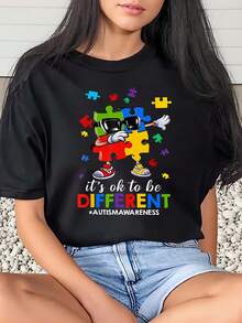Women Colorful Puzzle Piece Mickey Mouse It's Ok To Be Different Autism Awareness Printed T-Shirt Casual Everyday Wear 220g - 黑色 - 查看 1