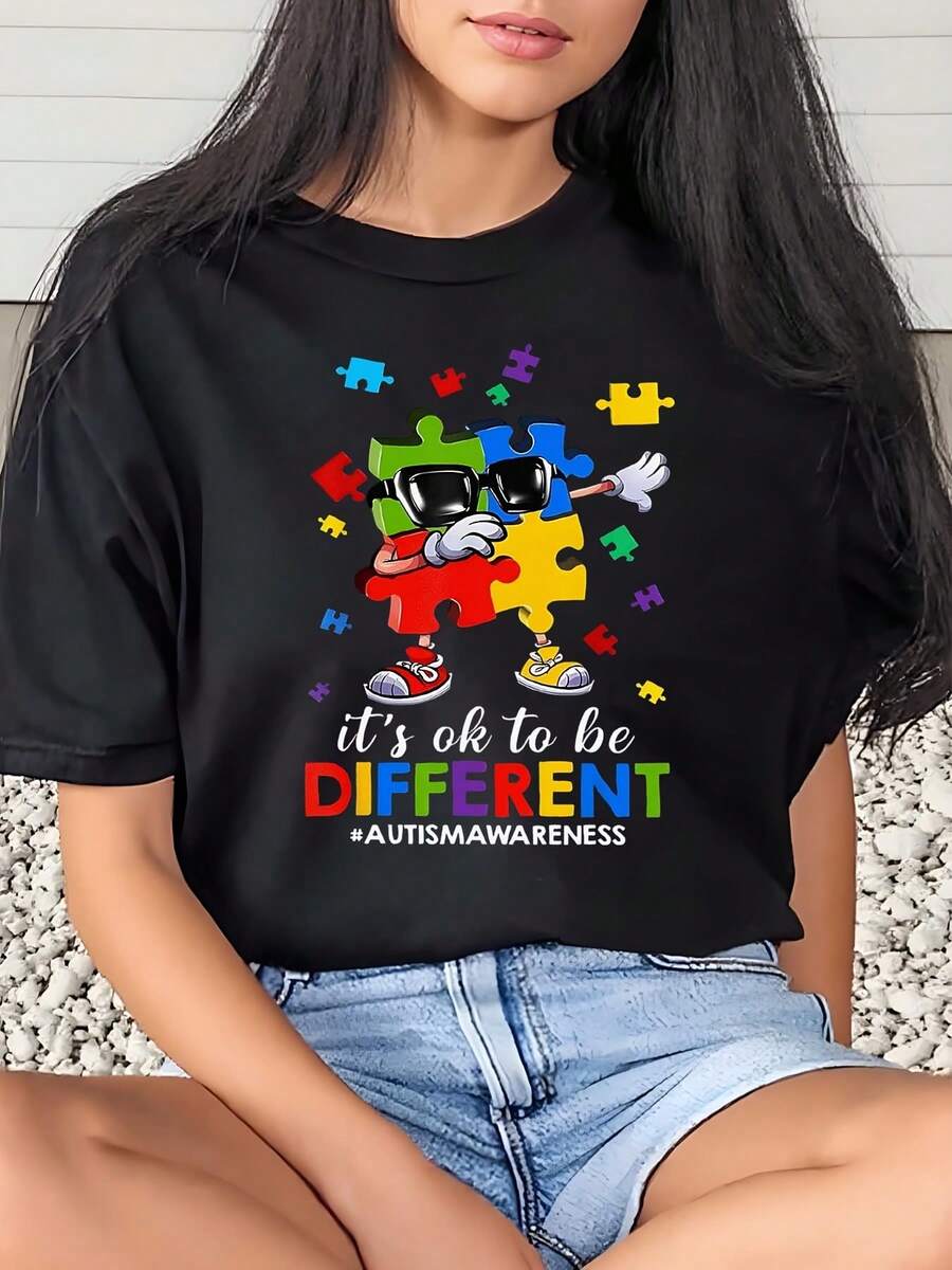 Women Colorful Puzzle Piece Mickey Mouse It's Ok To Be Different Autism Awareness Printed T-Shirt Casual Everyday Wear 220g - 黑色 - 查看 1