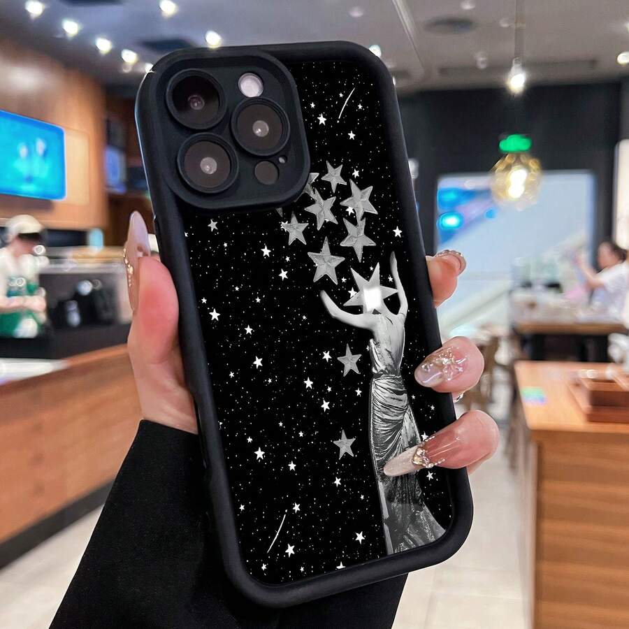 La diosa blanca y negra captura estrellas plateadas.funda de teléfono Fundas compatibles con Samsung,Apple,VIVO,OPPO,Motorola,Google,Xiaomi y Honor.Fabricadas en silicona TPU,ofrecen protección contra golpes y caídas. - Negro - Ver 1