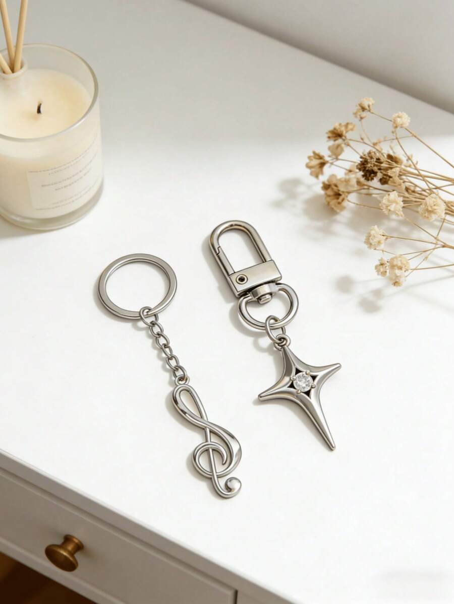 2 件创意实用礼品 - 个性化音符金属钥匙扣、广告小吊坠、音乐符号钥匙圈、链条、时尚新款合金星形镂空钥匙扣、吊坠。 - 銀色 - 查看 1