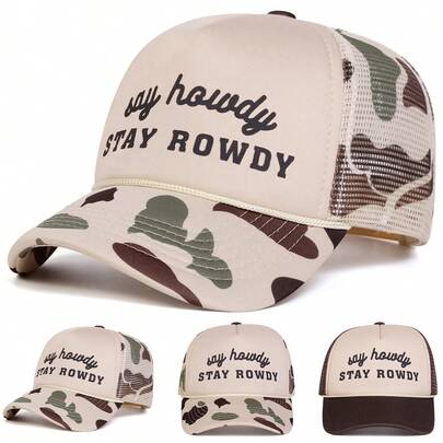 1pc Men's "Say Howdy Stay Rowdy" Trucker Hat, Personalized Letter Print Baseball Cap, Streetwear Casual Mesh Hat For Spring, Autumn, Travel, Beach Vacation