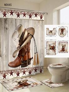 Bộ 1/3/4 món rèm tắm họa tiết ngôi sao Texas, móng ngựa và ủng cao bồi, kèm 12 móc treo, bao gồm cả tấm phủ bồn cầu, thảm tắm và thảm trải sàn, chủ đề miền Tây quyến rũ, chất liệu polyester chống thấm nước, bền chắc, có thể giặt được, thích hợp cho nhà ở/phòng ngủ/phòng khách/gia đình/mùa hè. - A - Xem 2