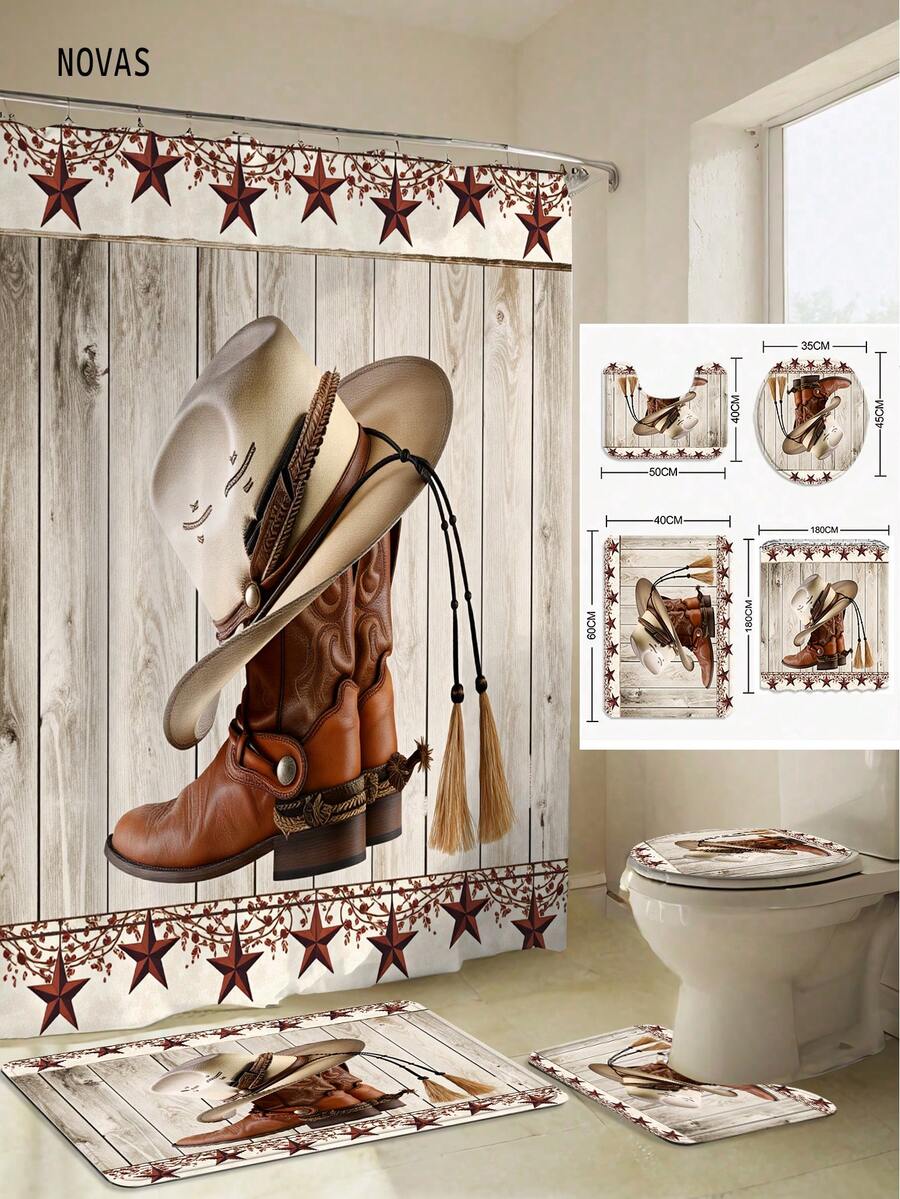 Bộ 1/3/4 món rèm tắm họa tiết ngôi sao Texas, móng ngựa và ủng cao bồi, kèm 12 móc treo, bao gồm cả tấm phủ bồn cầu, thảm tắm và thảm trải sàn, chủ đề miền Tây quyến rũ, chất liệu polyester chống thấm nước, bền chắc, có thể giặt được, thích hợp cho nhà ở/phòng ngủ/phòng khách/gia đình/mùa hè.