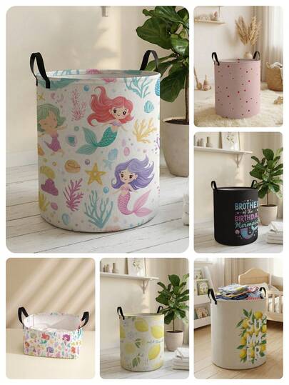 1个卡通美人鱼、水果、波点图案印花大容量可折叠圆形收纳篮，带提手，多用途收纳篮，适用于婴儿房、婴儿尿布、衣物、玩具收纳