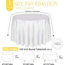 1 Pack 120 Inch Round Tablecloth Satin White Round Table Cover, Silky Satin Dining Table Cloth For Wedding, Party, Banquet, Restaurant, Formal Events - White - View 2