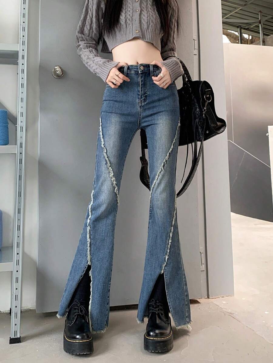 女士纯色休闲牛仔抓绒高腰开衩裤，适合四季日常穿着