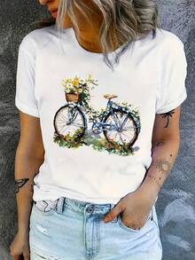 Women's Plus-Size Clothing, Short-Sleeved T-Shirt With Chrysanthemum Bicycle Print. - 白色 - 查看 3