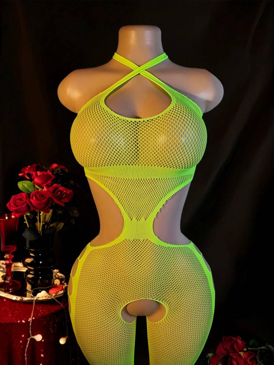 1 bộ đồ lót Valentine mới, kiểu bodystocking khoét lỗ, lưới, gợi cảm, thích hợp cho giấc ngủ. - màu xanh lá - Xem 1