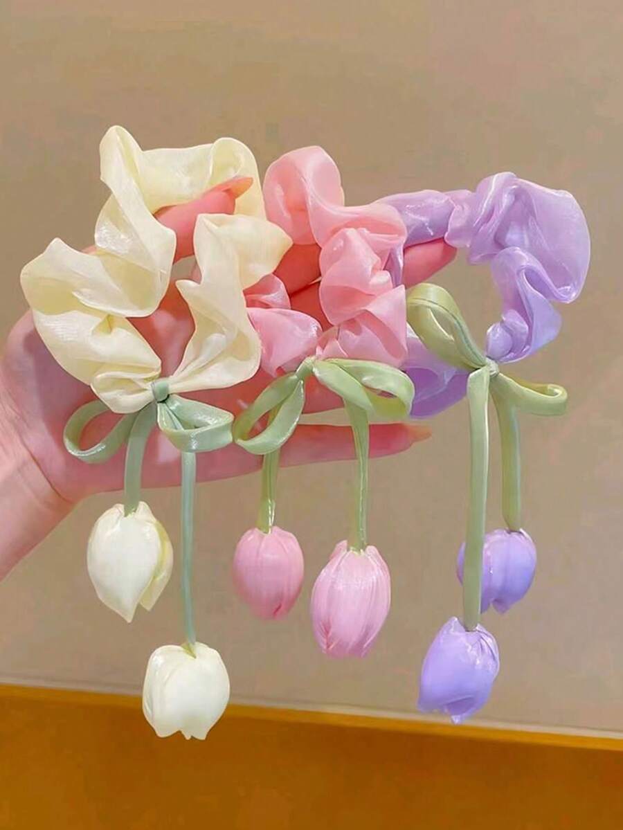 3pcs Cute Tulip Hair Scrunchies Hairbands Hair Accessories Ponytail Hair Ties Daily Party Vacation Children Teen Girls Floral Decor Gift - Multicolor - View 1