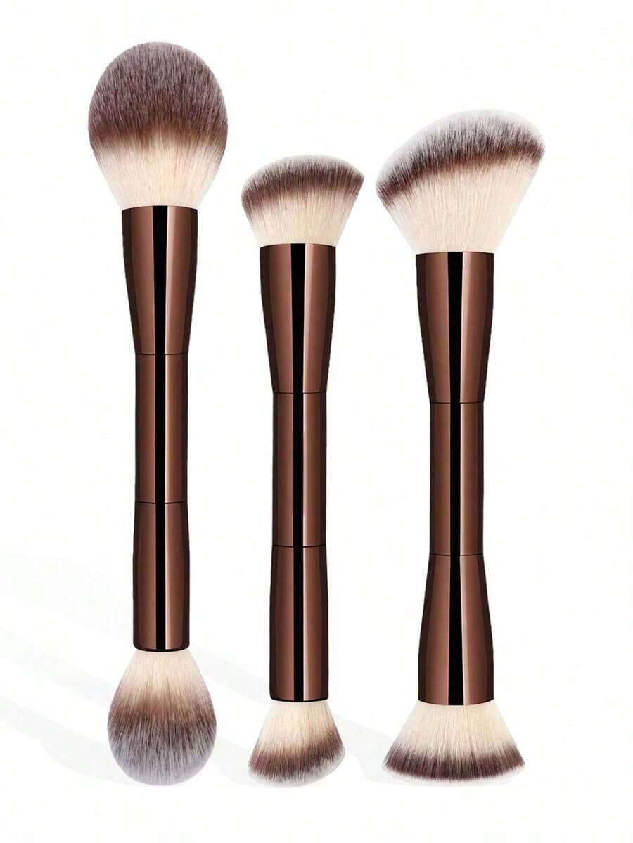 3Pcs Professional Aluminum Tube Dual-Ended Makeup Brushes Set, Soft Foundation Brush, Blush Brush, Powder Brush, Concealer Brush, Contour Brush, Blending Brush, Essential Makeup Brushes, Soft Bristles, Portable, Travel Friendly, Gift For Women And Girls,Brush Set,Makeup Brush Kit,Make Up Brush Set,Make Up Set Complete,Makeup Brush Set,Complete Makeup Kit,Brush Kit,Brushes Makeup Set,Makeup Gift Set,Set,Giveaways,Professional Makeup Brushes,Complete Makeup Set - 咖啡棕 - 查看 1