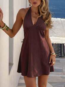 PoPoHouse Women's Elegant 100% Cotton Mini Dress Sexy Backless Tie Waist Deep V Neck Halter Dress For Summer Casual Beach Vacation Daily Commute Going Out Outfit Brown Dress - Brown - View 3