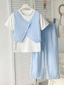 3件套少女夏季休闲短袖上衣、背心和裤子套装 - 淺藍色 - 查看 1