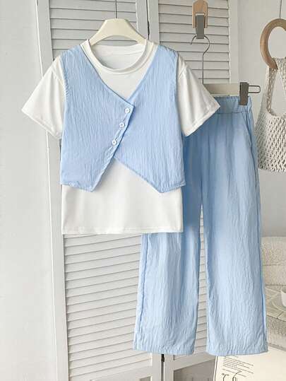 3件套少女夏季休闲短袖上衣、背心和裤子套装