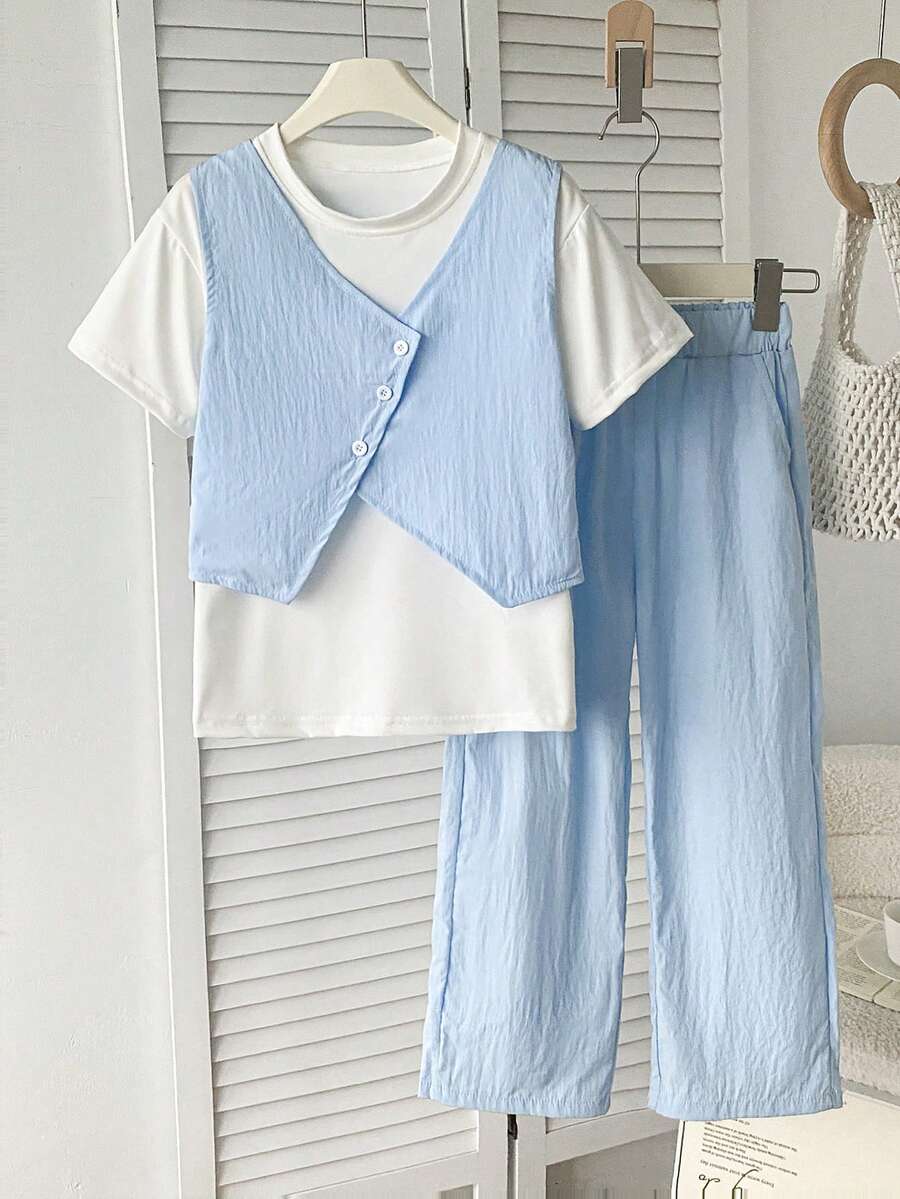 3件套少女夏季休闲短袖上衣、背心和裤子套装 - 淺藍色 - 查看 1