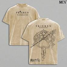 Frieren Tee Washed – Frieren Beyond Journey's End Vintage Washed Heavy Cotton Oversized Anime Manga-Shirt, Double Printed Retro Unisex Streetwear Graphic Top, Fantasy Healing Journey Edition, Japanese Anime Merch - 杏色 - 查看 12