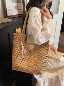2026 Nueva llegada Bolso de mano grande con diseño minimalista y hueco, diseño de nicho de moda, adecuado para vacaciones en la playa, bolso tejido de paja, bolso de mano tejido casual de primavera, bolso de hombro y bolso de gran capacidad para mujeres para ir al trabajo - Multicolor - Ver 10