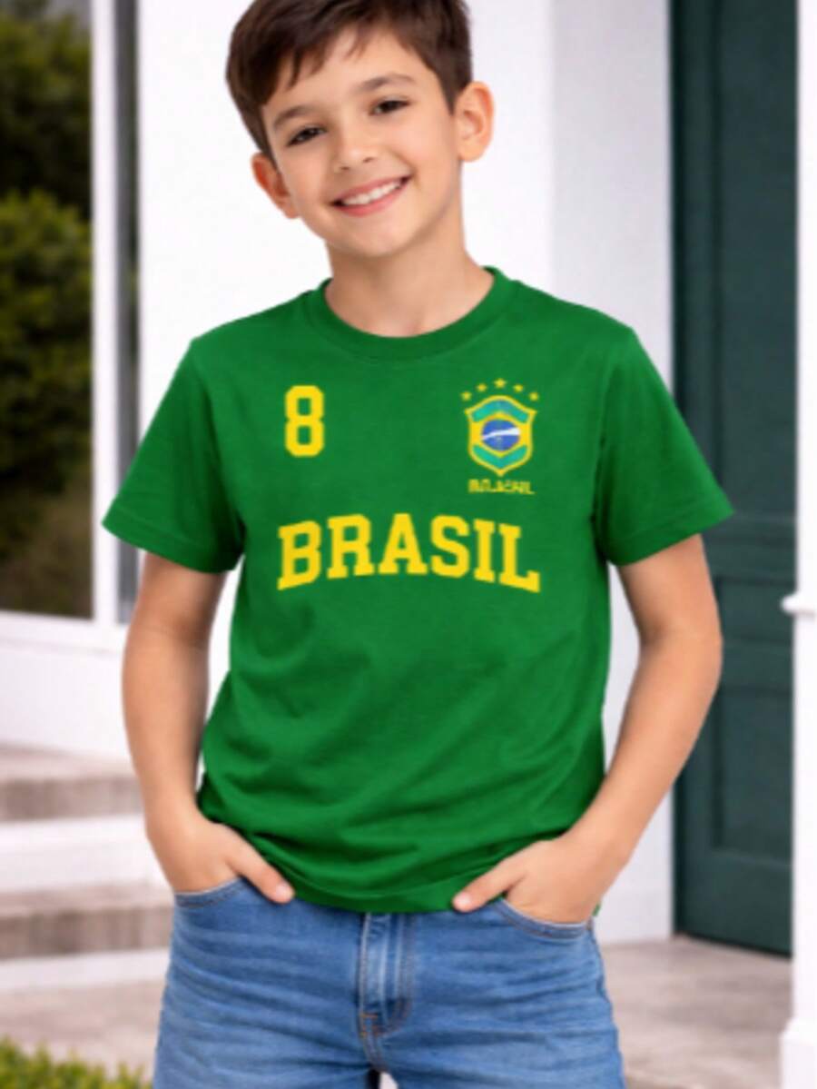 Kids' Soccer T-Shirt, Brazil Cup, Casual, Comfortable, Summer, 100% Cotton, Durable Blouse, Round Neck - màu xanh lá - Xem 1