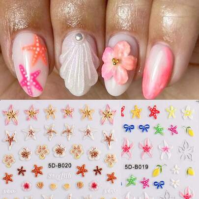 5D Floral & Starfish Nail Art Stickers,Ocean Holiday Shell Flowers Self-Adhesive DIY Nail Stickers - Nail Art Supplies & Decorations, Suitable For Girls And Women, For Summer Nails, Applicable For Home Manicure And Salon
