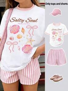 Bộ đồ 2 món cho bé gái tuổi teen, họa tiết đại dương mộng mơ, áo thun rộng in hình vỏ sò và sao biển kết hợp với quần short kẻ sọc, phong cách "Salty Soul", thích hợp cho mùa hè đi biển, đi học và mặc thường ngày. - Hồng - Xem 7