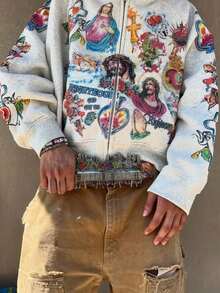 Women's Y2K Religious Tattoo Pattern Zip-Up Hoodie - Cropped Street Style Pullover Sweatshirt, Artistic Print, Casual Loose Fit, Jesus Faith Jacket, Unisex - Pink - View 6