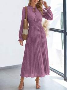 Women's Spring Fall Midi Dress Casual Long Sleeve V Neck Swiss Dot Pleated A Line Flowy Dresses New Years Party Valentine Vacation Dresses For Women - Màu tím - Xem 5