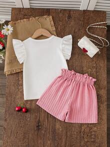 Set de 2 piezas: Camiseta de manga de volantes con estampado de cerezas + Pantalones cortos con lazo rosa para niñas pequeñas, estilo coreano dulce y fresco, cómodo para uso diario casual/al aire libre - Rosa - Ver 3