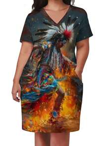 Style Woman's 3D All-Over Print Plus Size Pocket Dress With Headdress And Fire Dance Theme Cultural Festivals And Autumn Events Women Who Love Bold Artistic Exp - 白色 - 查看 3