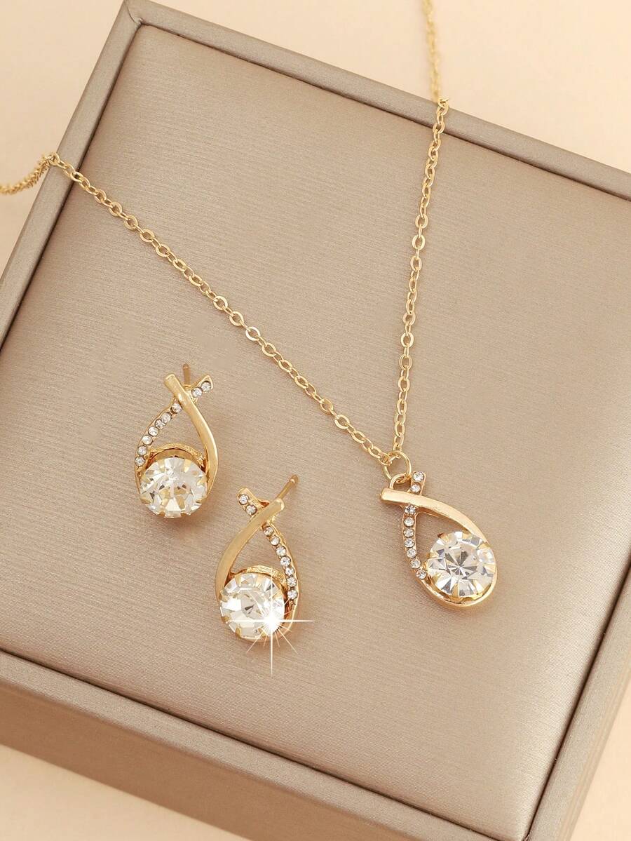 3pcs/Set Fashionable Water Drop Necklace & Earrings Set, Suitable For Daily, Holiday, Party Dress, Birthday Gift, Gift For Friends - Waterdrop One Size - View 1