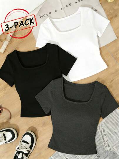 Bộ 3 áo thun nữ tay ngắn cổ vuông màu trơn dáng ôm vừa vặn, thích hợp cho mùa hè, đi biển, dạo phố, mặc hàng ngày, đi làm, tiệc văn phòng, đi chơi, lễ hội, liên hoan âm nhạc, ngày Valentine, các dịp tiệc tùng. Áo thun crop top phong cách Y2K, trang phục đi nghỉ mát cho nữ. Trang phục công sở thanh lịch, áo crop top, áo kiểu dễ thương, trang phục đi nghỉ mát cho nữ, váy hẹn hò, áo kiểu duyên dáng cho nữ, trang phục thường ngày mùa hè, trang phục đi nghỉ mát cho nữ.