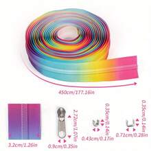 Bộ 1 dây kéo cầu vồng gradient số 5, bao gồm 5 thước Anh / 450 cm / 177 inch với 10 đầu kéo màu bạc. Thích hợp cho quần áo, túi xách, đồ dệt gia dụng và các dự án thủ công DIY khác. - khóa kéo + 1109 3# Bạc - Xem 8