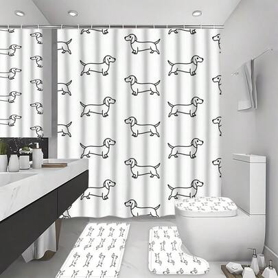 Bộ 4 rèm tắm hình chó Dachshund - Trang trí nhà cửa hình chó đáng yêu, phụ kiện phòng tắm cho người yêu thú cưng, quà tặng cho chủ nuôi chó, trang trí nhà cửa, tranh nghệ thuật chó ngộ nghĩnh - Rèm tắm polyester chống thấm nước, thảm phòng tắm chống trượt, thảm chữ U cho bồn cầu, tấm phủ nắp bồn cầu kèm 12 móc - Phong cách hiện đại, phù hợp trang trí nhà cửa, trang trí và phụ kiện phòng tắm, dễ dàng vệ sinh và bảo quản, quà tặng tân gia - Phù hợp cho mọi mùa