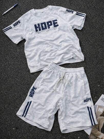 男士休闲字母印花T恤短裤套装，夏季