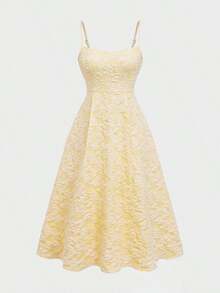 Summer Wedding Elegant Solid Color Sophisticated Lightweight Dress, Fitted Waist Spaghetti Strap Midi Dress, Pink Party,Casual Dress - 黃色 - 查看 4