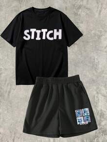 Official Authorization Disney Lilo & Stitch Print Kids Outfit, Girls Cute Cartoon T-Shirt & Shorts Set, Summer Casual Tracksuit For Daily Wear Theme Park Vacation, Children's Clothing Holiday Gift - màu đen - Xem 3