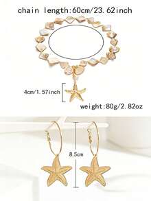 3 piezas Conjunto de joyería estilo bohemio retro con elementos marinos de lujo, collar con colgante de estrella de mar y perlas falsas, aretes de diseño metálico exagerado, para uso diario y decoración de playa, regalo. La forma, el patrón y el color de la concha son aleatorios. - Dorado - Ver 8