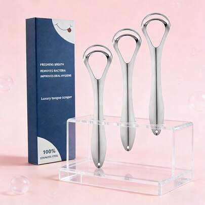 Bộ 3 dụng cụ cạo lưỡi bằng thép không gỉ, dụng cụ vệ sinh răng miệng hàng ngày và khi đi du lịch.