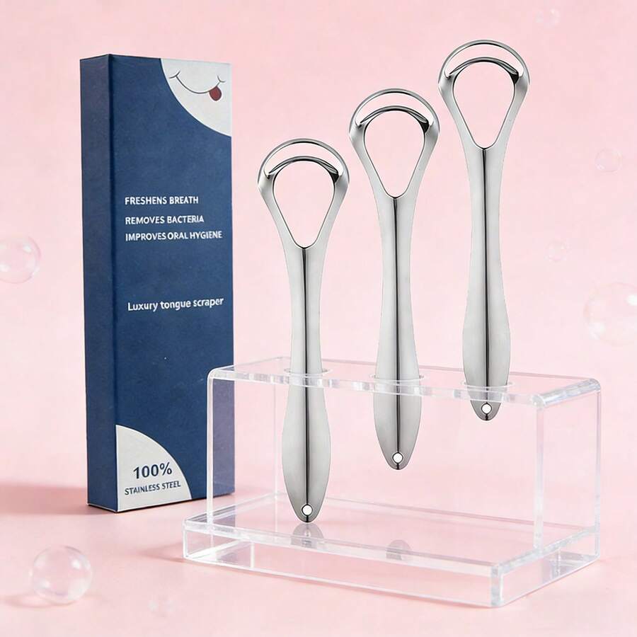 3件套不锈钢舌刮器，口腔卫生工具，适用于日常清洁和户外旅行 - 銀色 - 查看 1