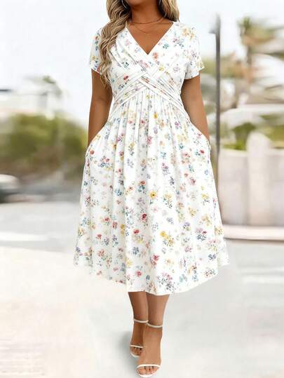 Đầm nữ cỡ lớn thanh lịch họa tiết hoa nhí thắt nút xoắn cổ chữ V có túi, in hình lá và hoa nhỏ khắp thân đầm, túi chéo, thích hợp cho kỳ nghỉ.