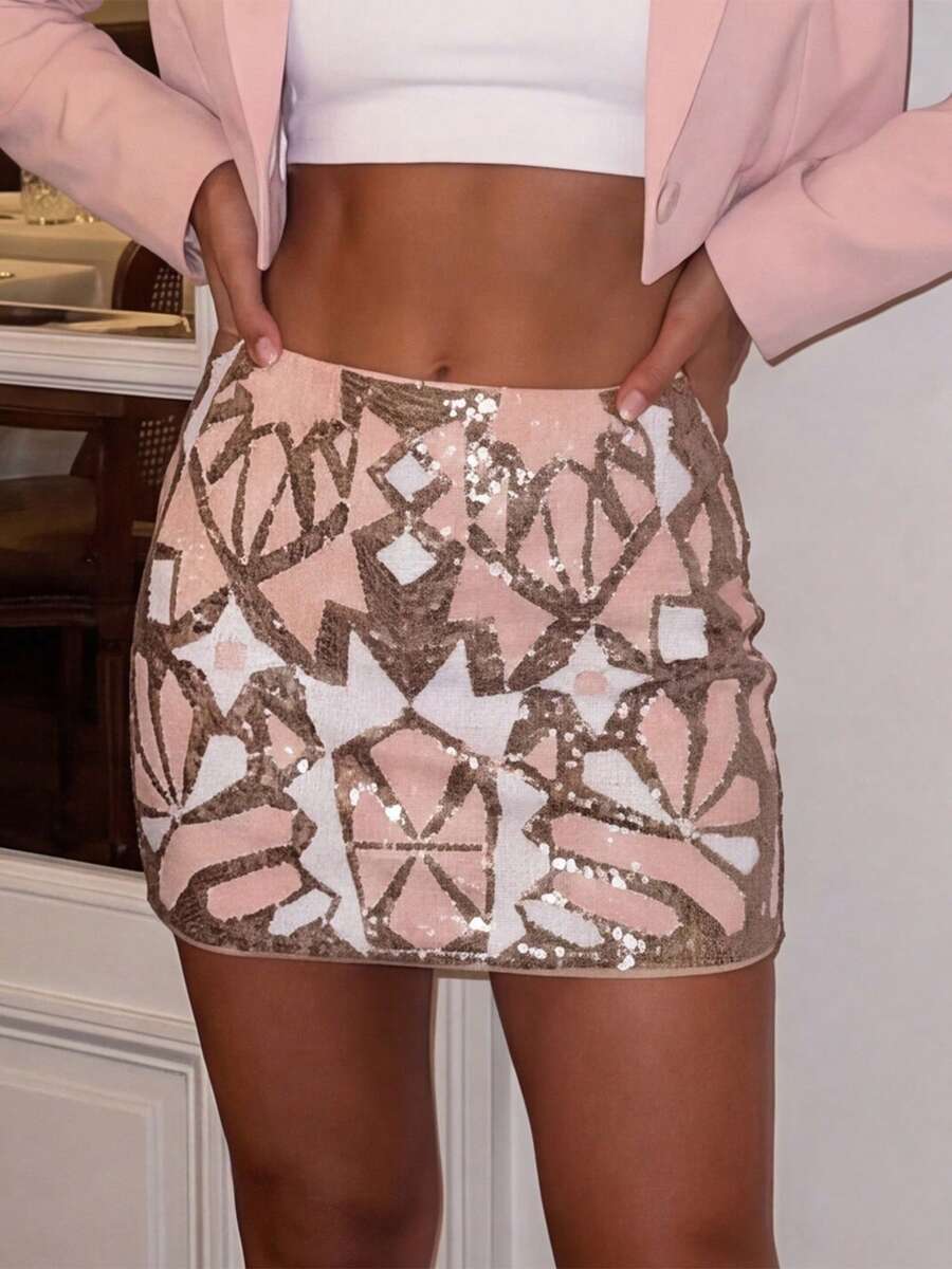 Minifalda de lentejuelas de verano para mujer, estilo casual, elegante, con brillo, corte en A y talle medio. - Rosa - Ver 1