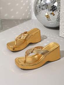 Giày sandal đế dày viền vàng thời trang nữ, kiểu dáng tối giản, thanh lịch, thích hợp cho kỳ nghỉ, tiệc tùng, dép cao gót mùa xuân/hè. - Vàng - Xem 4