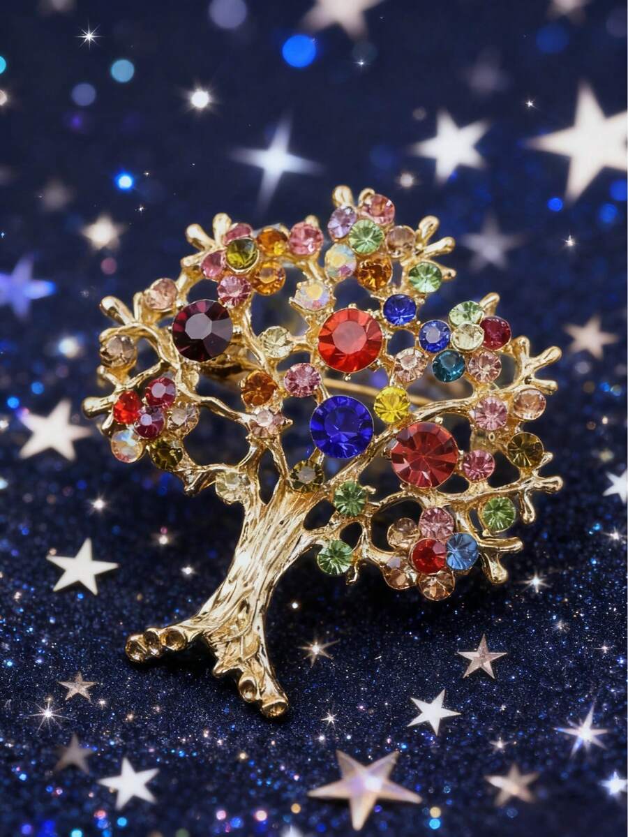 Sparkling Multicolor Crystal Wishing Tree Brooch, Perfect To Add Festive Vibe To Any Outfit, Suitable For Daily Wear - Mixed Color Diamond Brooch - View 1