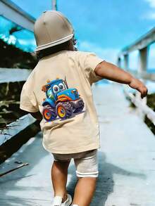 Camiseta de manga corta con cuello redondo y estampado gráfico informal para niño, top de verano - Albaricoque - Ver 1