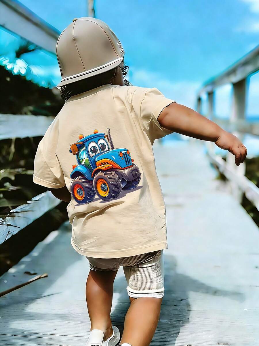 Camiseta de manga corta con cuello redondo y estampado gráfico informal para niño, top de verano - Albaricoque - Ver 1