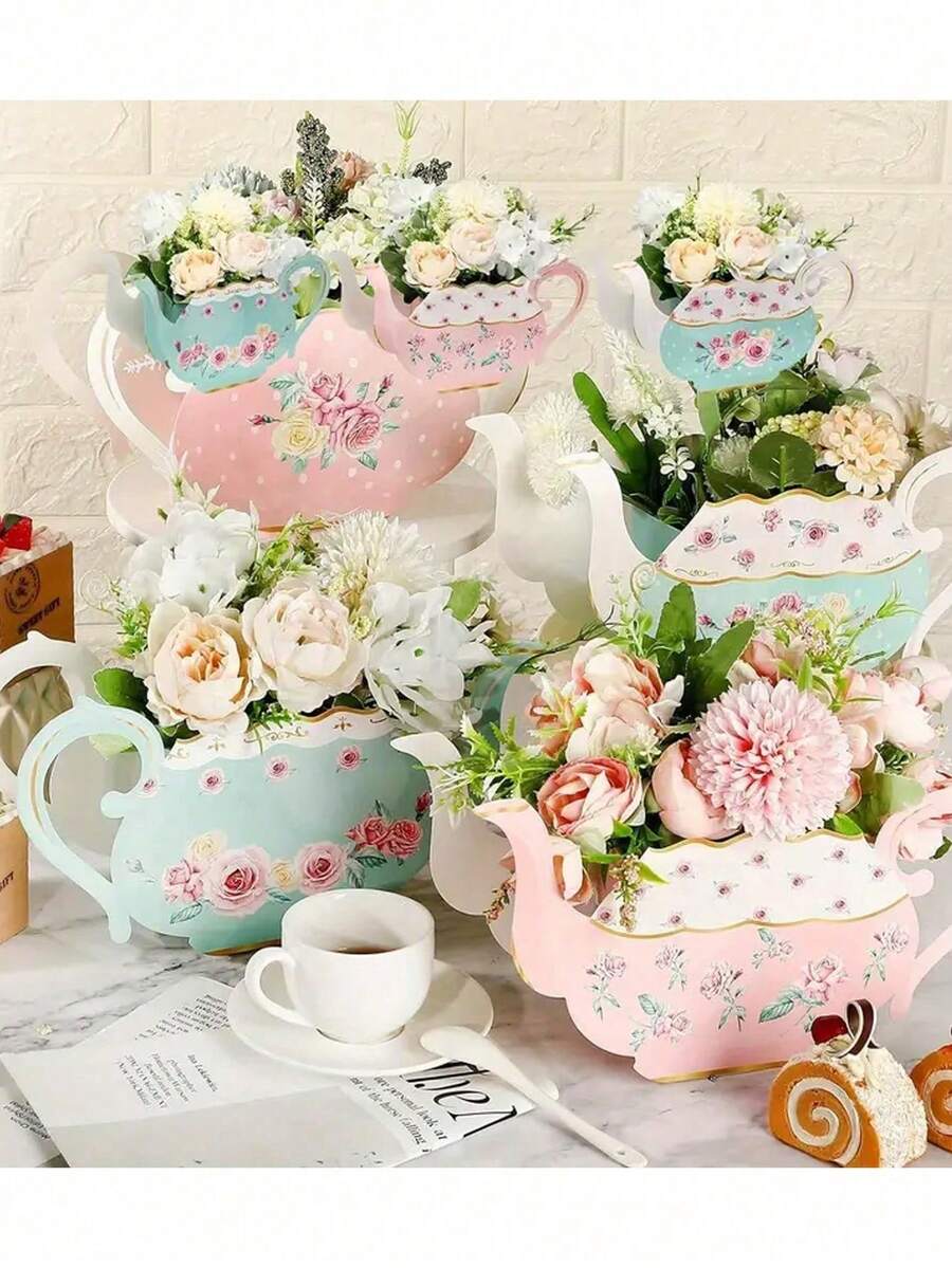 4pcs/Pack Tea Pot Flower Boxes, Floral Arrangement Decor For Tea Pot, Tea Party Snack & Candy Boxes, Paper Tea Pot Shaped Floral Decor Boxes, Pink Tea Party Boxes, Suitable For Wedding Floral Arrangement, Tea Party Centerpiece Decor, Spring Birthday Celebration