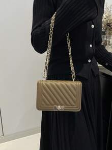 时尚新款纯色PU压纹迷你单肩包，街头通勤斜挎包，简约女士链条小方包，女士礼物，女士钱包，女士手机包 - 棕色 - 查看 2