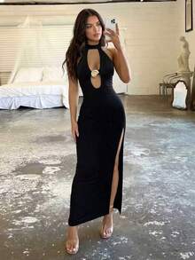 European And American New Women's Hollow-Out Low-Cut Dress, Halter Neck Thigh-High Sexy Backless Slit Elegant Dress For Spring/Summer - Black - View 4